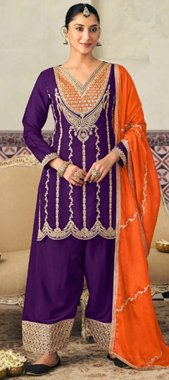 Purple and Violet color Salwar Kameez in Chinon Silk fabric with Embroidered, Zircon work