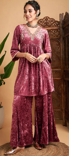 Pink and Majenta color Salwar Kameez in Velvet fabric with Sequence work