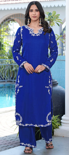 Blue color Salwar Kameez in Satin fabric with Embroidered work