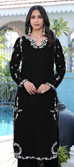 Black and Grey color Kurti in Satin fabric with Embroidered work