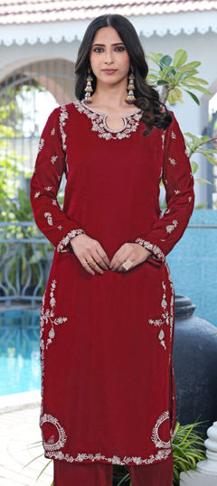 Red and Maroon color Kurti in Satin fabric with Embroidered work
