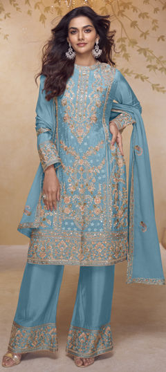 Blue color Salwar Kameez in Chinon Silk fabric with Embroidered, Mirror, Sequence work