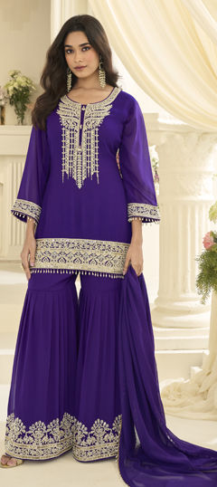 Purple and Violet color Salwar Kameez in Georgette fabric with Bugle Beads, Embroidered work