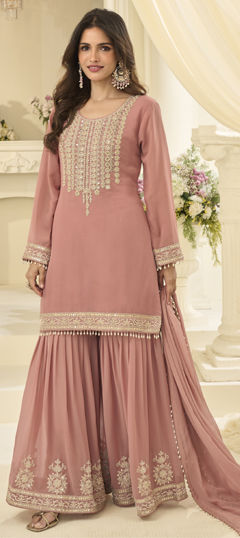 Pink and Majenta color Salwar Kameez in Georgette fabric with Bugle Beads, Embroidered work
