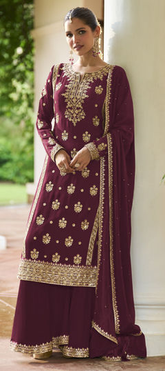 Red and Maroon color Salwar Kameez in Chinon Silk fabric with Embroidered, Sequence work