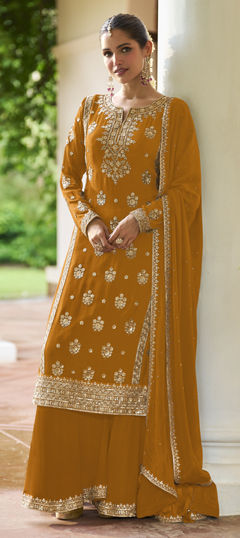 Yellow color Salwar Kameez in Chinon Silk fabric with Embroidered, Sequence work