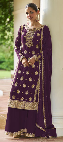 Purple and Violet color Salwar Kameez in Chinon Silk fabric with Embroidered, Sequence work