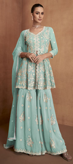 Green color Salwar Kameez in Georgette fabric with Embroidered, Mirror, Sequence, Thread work