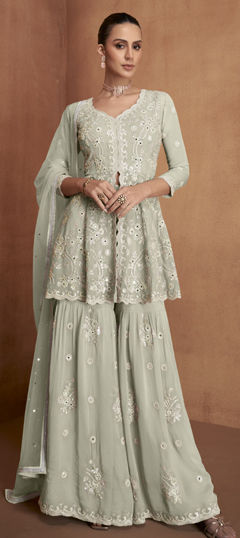 Green color Salwar Kameez in Georgette fabric with Embroidered, Mirror, Sequence, Thread work