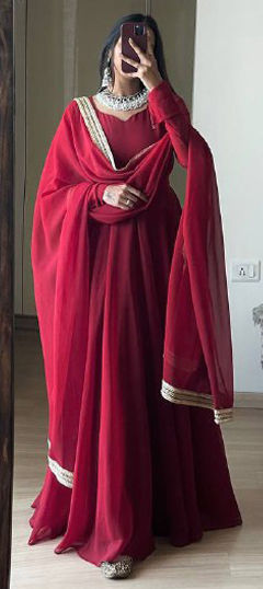 Red and Maroon color Gown in Georgette fabric with Thread work
