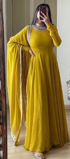 Yellow color Gown in Georgette fabric with Thread work