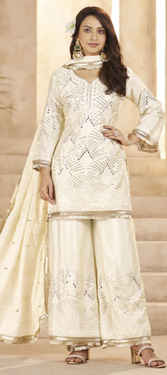 White and Off White color Salwar Kameez in Chinon Silk fabric with Sequence, Thread work