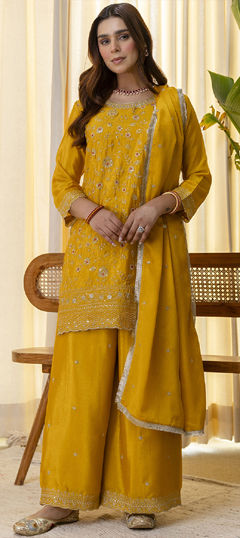 Yellow color Salwar Kameez in Blended, Silk fabric with Embroidered, Thread work