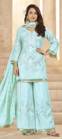 Blue color Salwar Kameez in Chinon Silk fabric with Sequence, Thread work