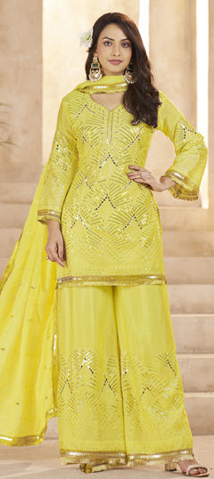 Yellow color Salwar Kameez in Chinon Silk fabric with Sequence, Thread work