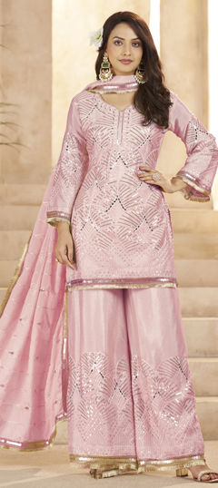 Pink and Majenta color Salwar Kameez in Chinon Silk fabric with Sequence, Thread work