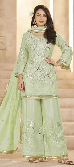 Green color Salwar Kameez in Chinon Silk fabric with Sequence, Thread work