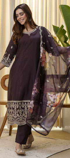 Beige and Brown color Salwar Kameez in Blended, Silk fabric with Embroidered work