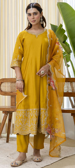 Yellow color Salwar Kameez in Blended, Silk fabric with Embroidered work