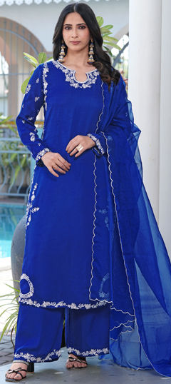 Blue color Salwar Kameez in Satin fabric with Embroidered work