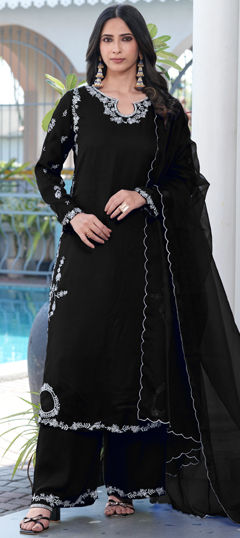 Black and Grey color Salwar Kameez in Satin fabric with Embroidered work
