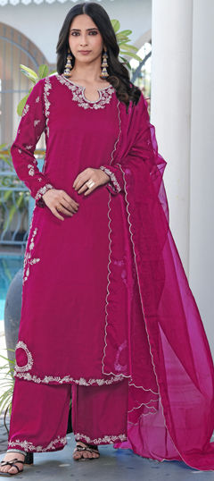 Pink and Majenta color Salwar Kameez in Satin fabric with Embroidered work