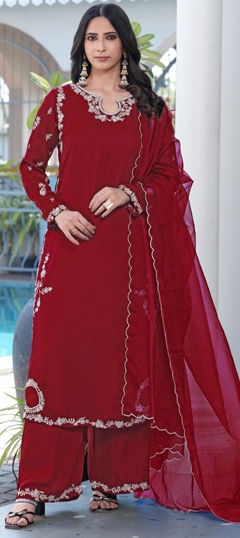Red and Maroon color Salwar Kameez in Satin fabric with Embroidered work
