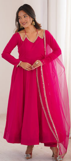 Pink and Majenta color Salwar Kameez in Roman Silk fabric with Lace work