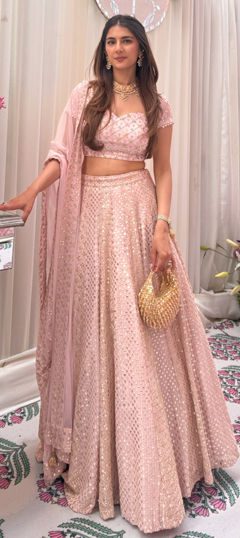 Pink and Majenta color Lehenga in Faux Georgette fabric with Embroidered, Sequence, Zari work