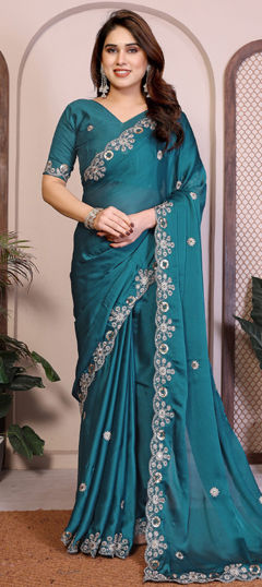 Blue color Saree in Chiffon fabric with Embroidered, Sequence, Thread work