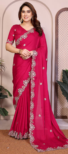 Pink and Majenta color Saree in Chiffon fabric with Embroidered, Sequence, Thread work
