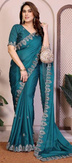 Blue color Saree in Chiffon fabric with Embroidered, Sequence, Thread work