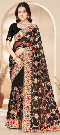 Black and Grey color Saree in Net fabric with Embroidered, Resham, Sequence, Thread work