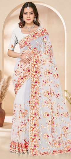White and Off White color Saree in Net fabric with Embroidered, Resham, Sequence, Thread work