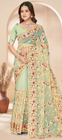 Green color Saree in Net fabric with Embroidered, Resham, Sequence, Thread work