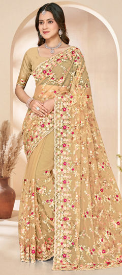 Yellow color Saree in Net fabric with Embroidered, Resham, Sequence, Thread work