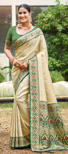 Beige and Brown, Green color Saree in Silk fabric with Weaving work