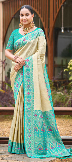 Beige and Brown, Blue color Saree in Silk fabric with Weaving work