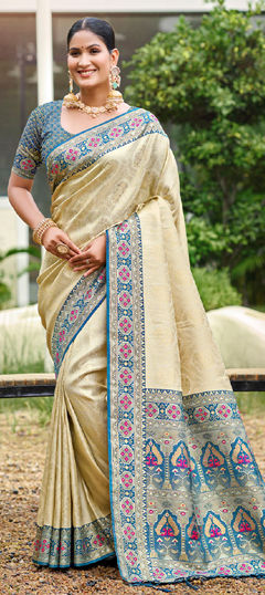 Beige and Brown, Blue color Saree in Silk fabric with Weaving work