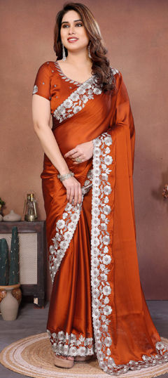 Orange color Saree in Silk fabric with Embroidered, Thread work