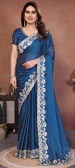 Blue color Saree in Silk fabric with Embroidered, Thread work
