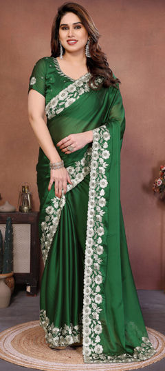 Green color Saree in Silk fabric with Embroidered, Thread work