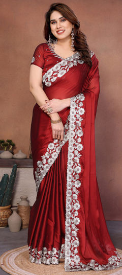 Red and Maroon color Saree in Silk fabric with Embroidered, Thread work