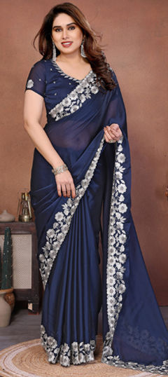 Blue color Saree in Silk fabric with Embroidered, Thread work