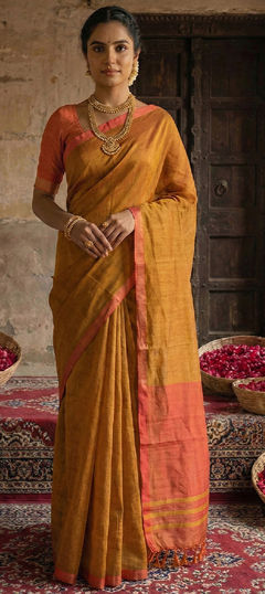 Beige and Brown color Saree in Cotton fabric with Weaving work
