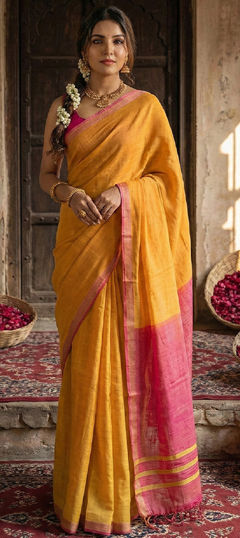 Gold color Saree in Cotton fabric with Weaving work