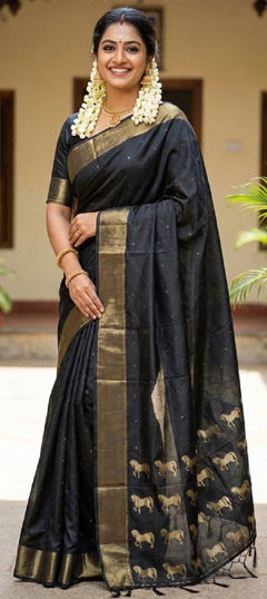 Black and Grey color Saree in Silk fabric with Stone, Weaving work