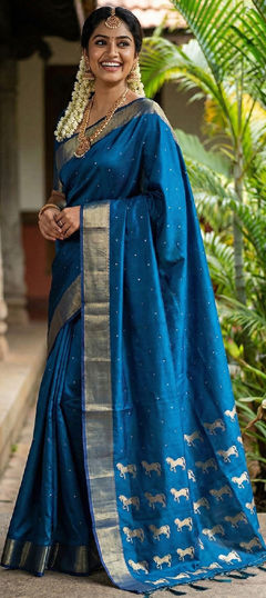 Blue color Saree in Silk fabric with Stone, Weaving work