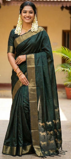 Green color Saree in Silk fabric with Stone, Weaving work