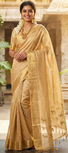 Beige and Brown color Saree in Silk fabric with Stone, Weaving work